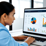 A focused professional individual, dressed in a modest business casual outfit, sitting comfortably at a modern desk. They are looking intently at a sleek laptop screen displaying a complex digital interface with charts, graphs, and task lists, symbolizing strategic time management and mission prioritization in a digital realm. The background is a clean, well-lit contemporary office space with subtle geometric decor. Professional photography, high resolution, detailed, studio lighting, sharp focus, vibrant colors, fully clothed, appropriate attire, safe for work, perfect anatomy, correct proportions, natural pose, well-formed hands, proper finger count, natural body proportions, modest, family-friendly content.