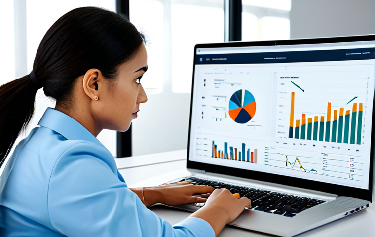 A focused professional individual, dressed in a modest business casual outfit, sitting comfortably at a modern desk. They are looking intently at a sleek laptop screen displaying a complex digital interface with charts, graphs, and task lists, symbolizing strategic time management and mission prioritization in a digital realm. The background is a clean, well-lit contemporary office space with subtle geometric decor. Professional photography, high resolution, detailed, studio lighting, sharp focus, vibrant colors, fully clothed, appropriate attire, safe for work, perfect anatomy, correct proportions, natural pose, well-formed hands, proper finger count, natural body proportions, modest, family-friendly content.