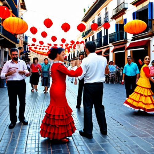 **

A vibrant and bustling "fiesta" in Seville, Spain. People are dancing flamenco in colorful, traditional "trajes de flamenca". Include details like "farolillos" (paper lanterns), tapas being served, and Spanish guitars playing in the background. Safe for work, appropriate content, fully clothed, family-friendly, professional photography, perfect anatomy, natural proportions.

**