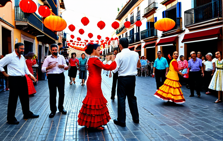 **
A vibrant and bustling "fiesta" in Seville, Spain. People are dancing flamenco in colorful, traditional "trajes de flamenca". Include details like "farolillos" (paper lanterns), tapas being served, and Spanish guitars playing in the background. Safe for work, appropriate content, fully clothed, family-friendly, professional photography, perfect anatomy, natural proportions.
**