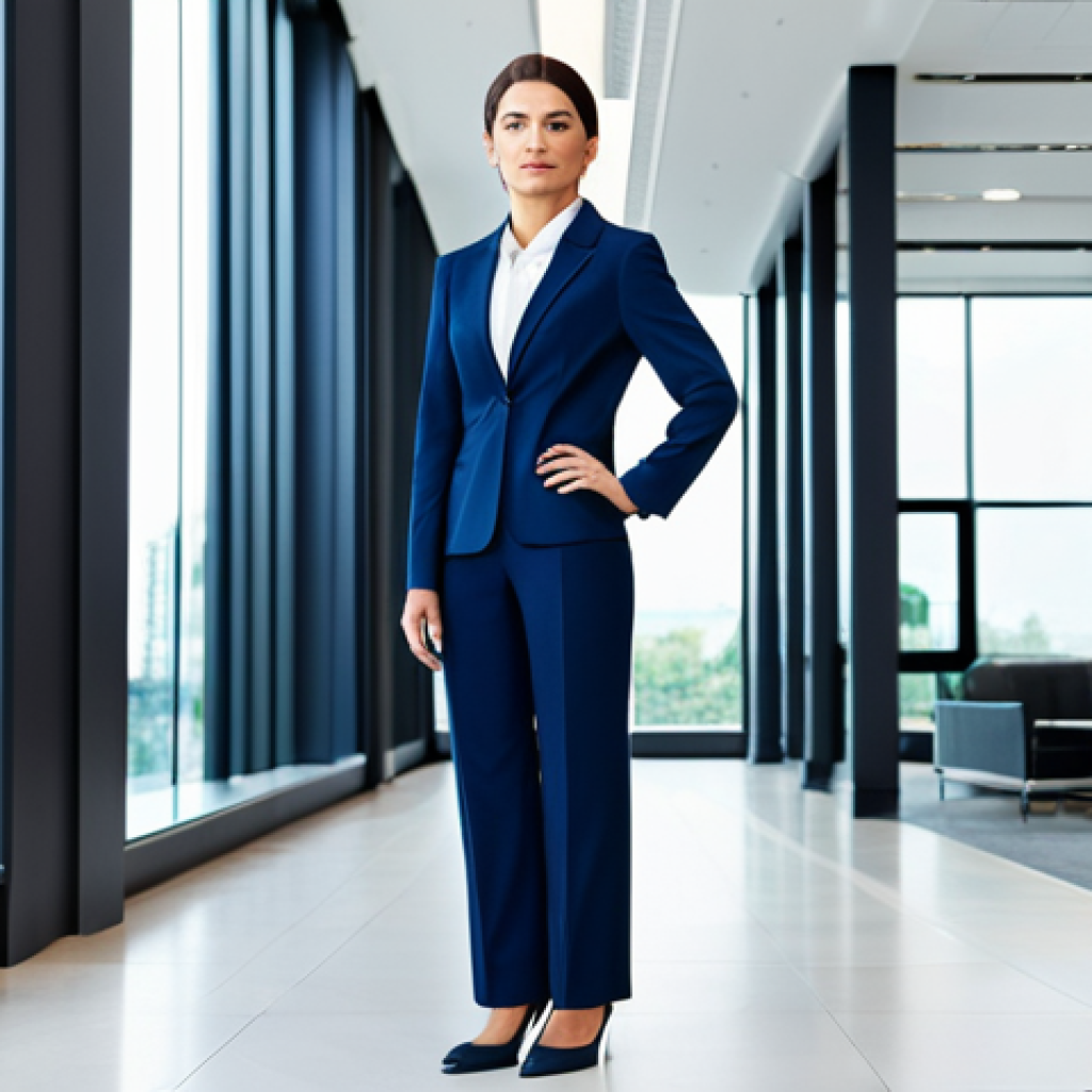 **

"A professional businesswoman wearing a modest, dark blue business suit, standing confidently in a bright, modern office lobby with large windows, fully clothed, appropriate attire, safe for work, perfect anatomy, correct proportions, natural pose, professional photography, high quality, family-friendly."

**
