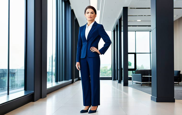 **
"A professional businesswoman wearing a modest, dark blue business suit, standing confidently in a bright, modern office lobby with large windows, fully clothed, appropriate attire, safe for work, perfect anatomy, correct proportions, natural pose, professional photography, high quality, family-friendly."
**