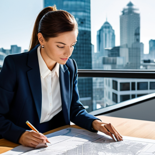 Home 18 **
A professional architect, fully clothed in a modern business outfit (blazer, dress pants, and blouse), reviewing blueprints in a brightly lit, contemporary architectural office. Large windows overlook a bustling cityscape. Safe for work, appropriate content, perfect anatomy, correct proportions, natural pose, well-formed hands, proper finger count, professional.
**