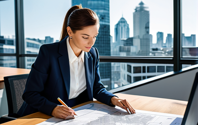 **

A professional architect, fully clothed in a modern business outfit (blazer, dress pants, and blouse), reviewing blueprints in a brightly lit, contemporary architectural office. Large windows overlook a bustling cityscape. Safe for work, appropriate content, perfect anatomy, correct proportions, natural pose, well-formed hands, proper finger count, professional.

**