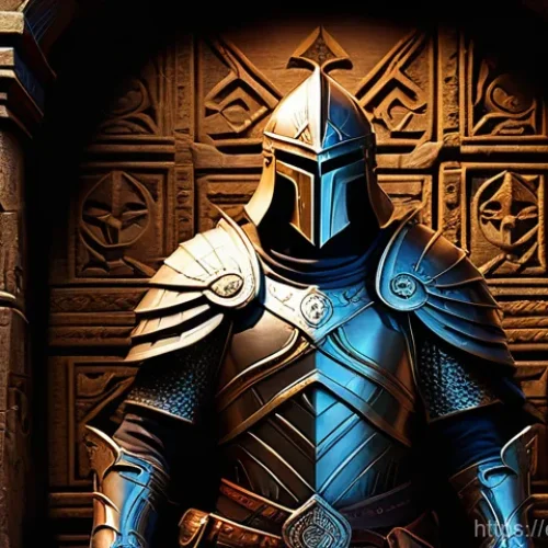 Home 16 던전앤파이터 전설 장비 획득처 - **An epic fantasy adventurer, fully clad in detailed, ornate magical armor, kneels in a dimly lit, a...