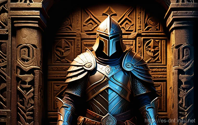 던전앤파이터 전설 장비 획득처 - **An epic fantasy adventurer, fully clad in detailed, ornate magical armor, kneels in a dimly lit, a...