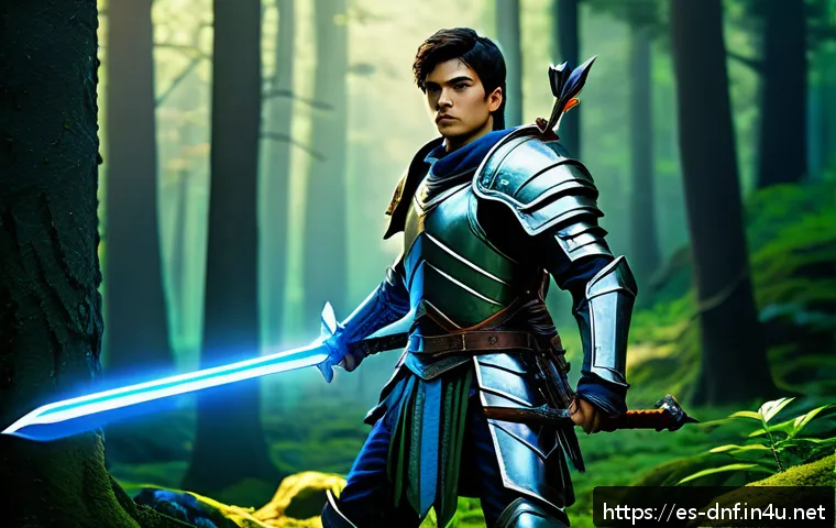 던전앤파이터 신규 유저 이벤트 - A dynamic fantasy RPG scene featuring a young male beginner warrior wearing exclusive starter armor ...