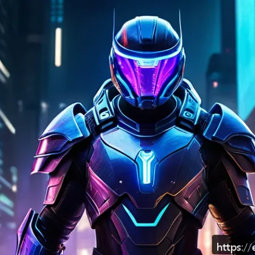 던전앤파이터 커스터마이징 코스튬 - A futuristic arcane warrior standing confidently in a glowing high-tech armor suit with luminous blu...