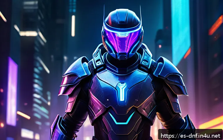 던전앤파이터 커스터마이징 코스튬 - A futuristic arcane warrior standing confidently in a glowing high-tech armor suit with luminous blu...