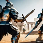 던전앤파이터 PvP 가이드 - A dynamic PvP battle scene set in a lush fantasy arena, featuring two armored warriors in mid-combat...