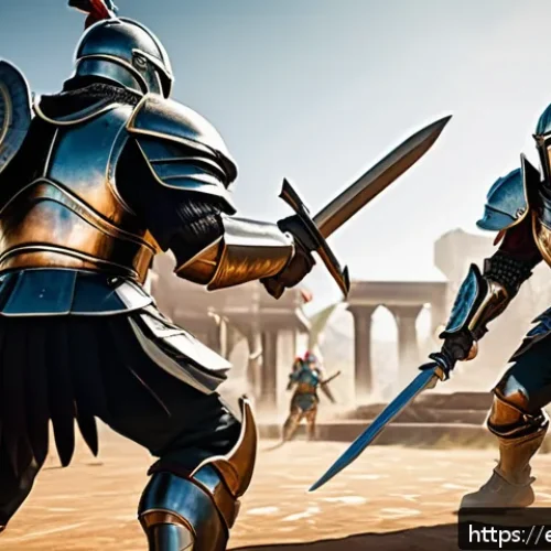 던전앤파이터 PvP 가이드 - A dynamic PvP battle scene set in a lush fantasy arena, featuring two armored warriors in mid-combat...