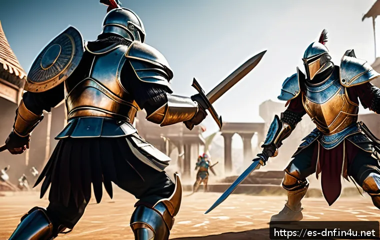 던전앤파이터 PvP 가이드 - A dynamic PvP battle scene set in a lush fantasy arena, featuring two armored warriors in mid-combat...